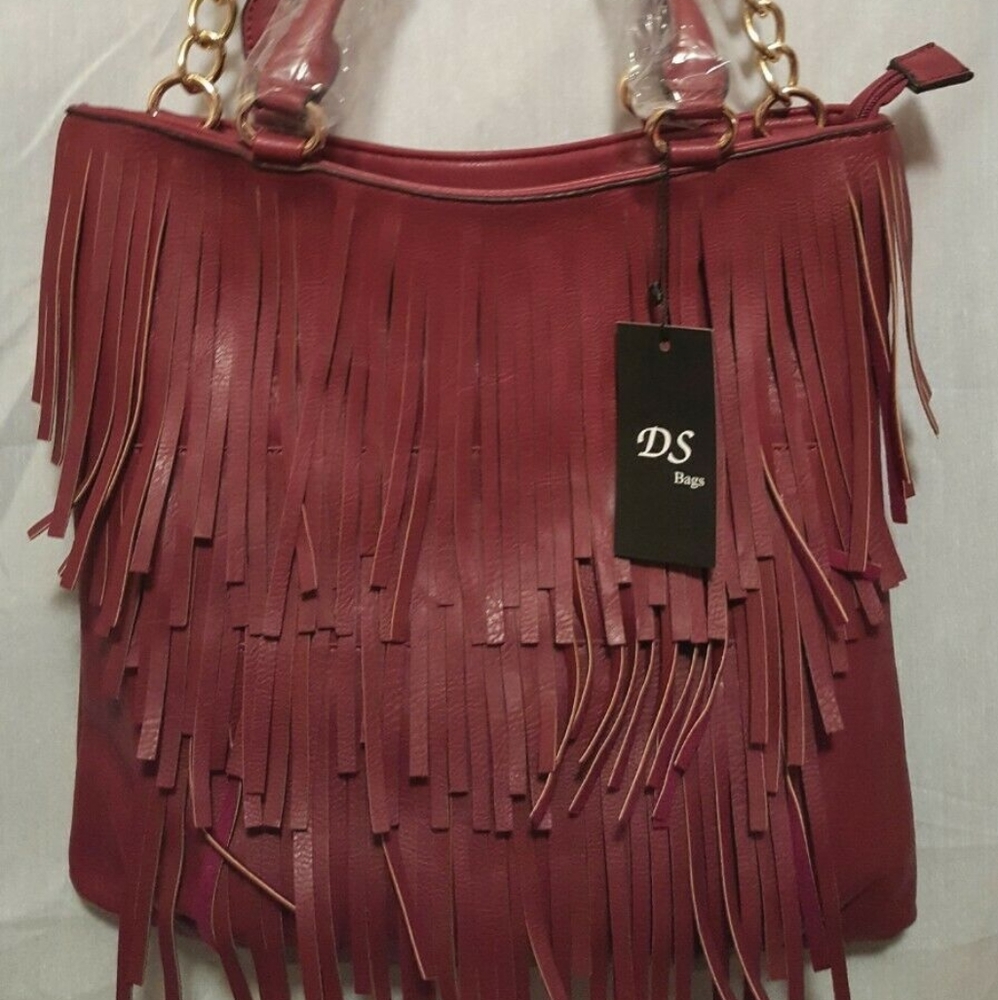 NWT Red fx leather fringed chain strap saddle bag